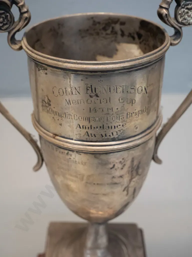 sterling silver trophy cup on wooden base - 14th Dunedin Co. Boy's Brigade Colin Henderson Memorial Ambulance cup, dates Image 1++