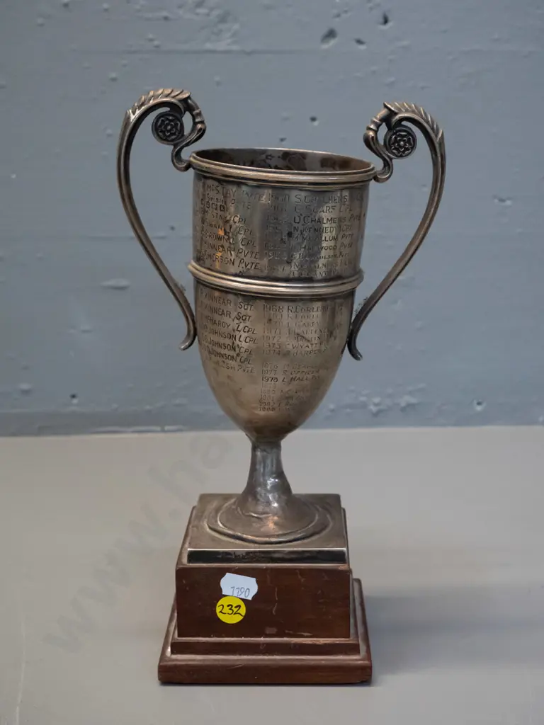 sterling silver trophy cup on wooden base - 14th Dunedin Co. Boy's Brigade Colin Henderson Memorial Ambulance cup, dates Image 1++