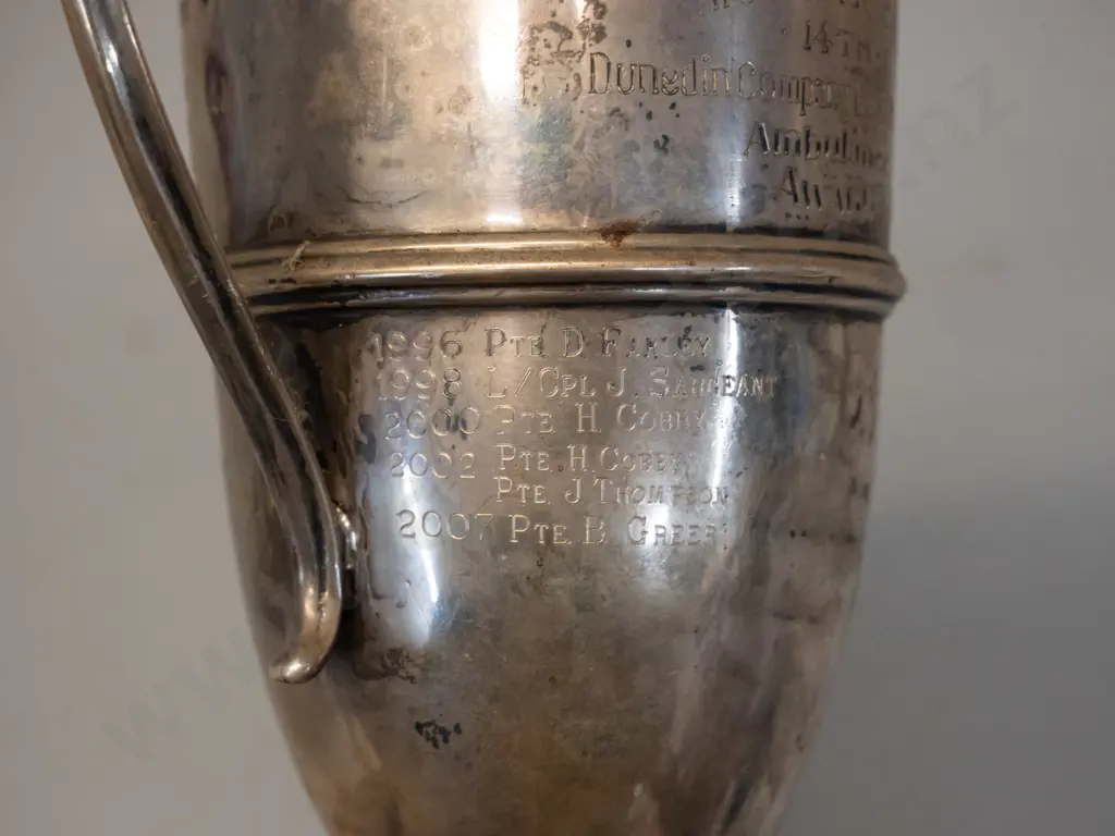 sterling silver trophy cup on wooden base - 14th Dunedin Co. Boy's Brigade Colin Henderson Memorial Ambulance cup, dates Image 1++