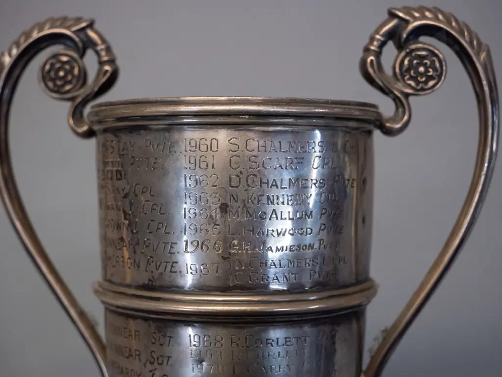 sterling silver trophy cup on wooden base - 14th Dunedin Co. Boy's Brigade Colin Henderson Memorial Ambulance cup, dates Image 1++