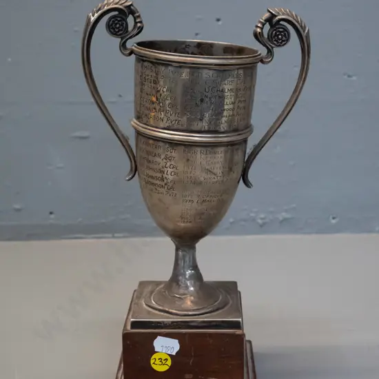 sterling silver trophy cup on wooden base - 14th Dunedin Co. Boy's Brigade Colin Henderson Memorial Ambulance cup, dates