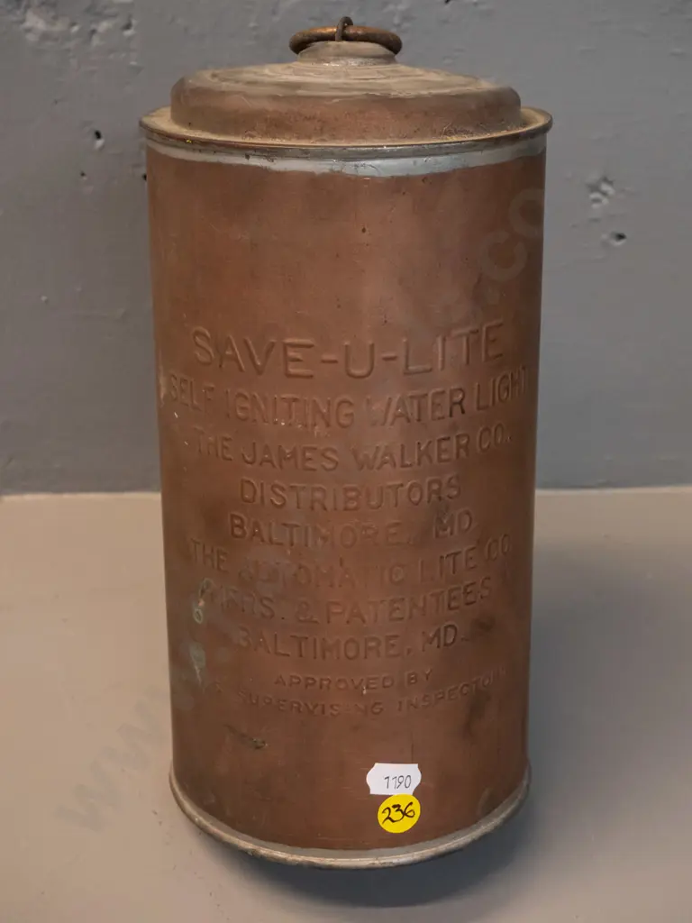 copper Save-U-Lite self igniting water light / floating distress flare - made by James Walker Co. Baltimore MD L270 D130 Image 1++
