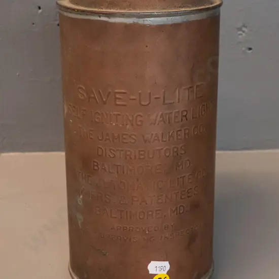 copper Save-U-Lite self igniting water light / floating distress flare - made by James Walker Co. Baltimore MD L270 D130