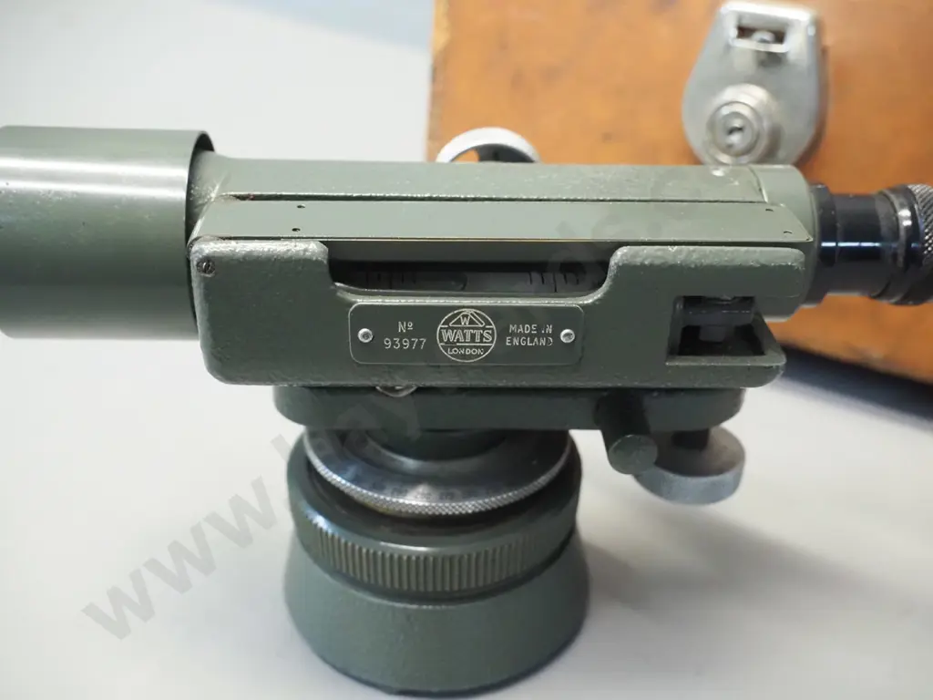 vintage surveyors level in fitted leather case - marked Watts London / Reg. 93977, case has Watson-Victor NZ label. Image 1++