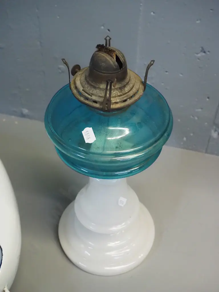vintage milk glass and blue kerosene lamp base with brass lamp fitting, no chimney, and a Swedish Kockum enamel on metal Image 1++