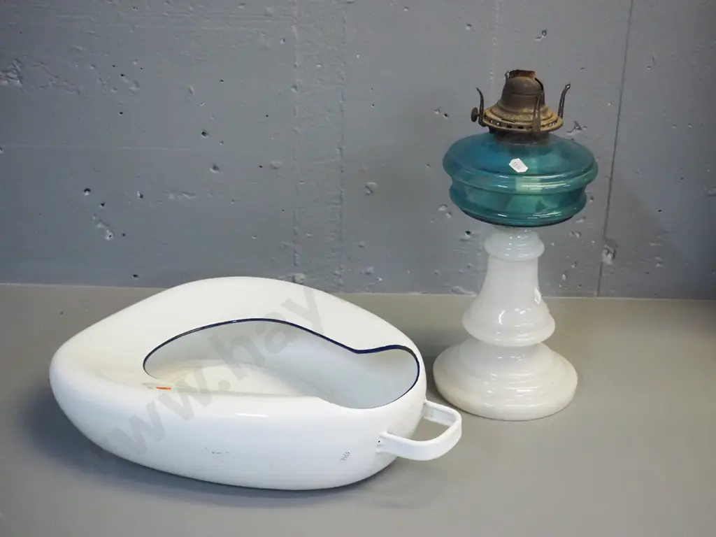 vintage milk glass and blue kerosene lamp base with brass lamp fitting, no chimney, and a Swedish Kockum enamel on metal Image 1++