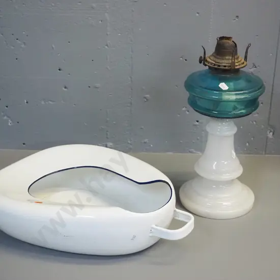 vintage milk glass and blue kerosene lamp base with brass lamp fitting, no chimney, and a Swedish Kockum enamel on metal
