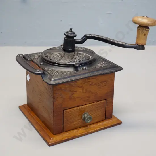 oak cased coffee grinder with sliding metal cap, timber knob on handle, brass knob on drawer H-220 Base 170 x 170