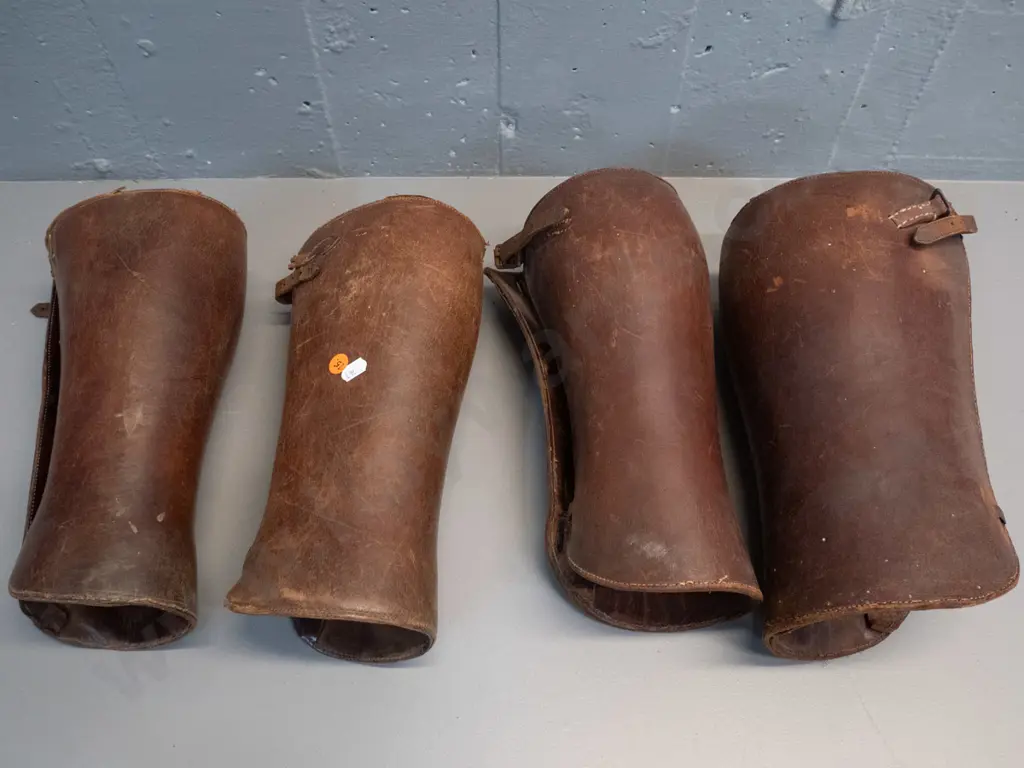 2 pairs vintage leather riding gaiters - general age wear, one missing a buckle, larger marked "15" are L-300 Image 1++