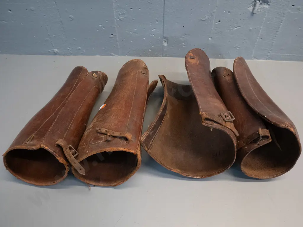 2 pairs vintage leather riding gaiters - general age wear, one missing a buckle, larger marked "15" are L-300 Image 1++