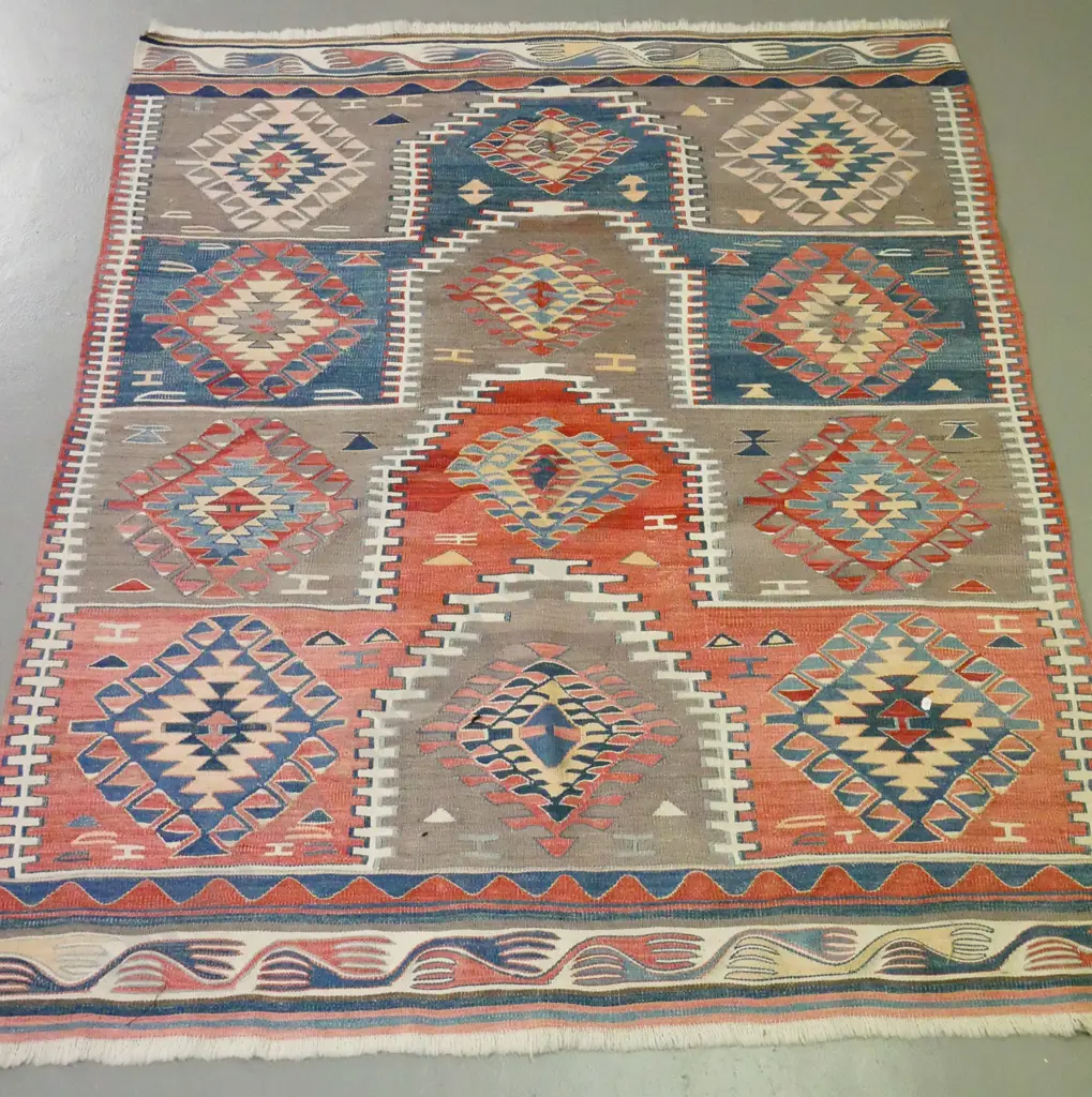 Turkish hand-woven wool floor rug in multi-colour geometric pattern, some fading L-1700 W-1380 Image 1++