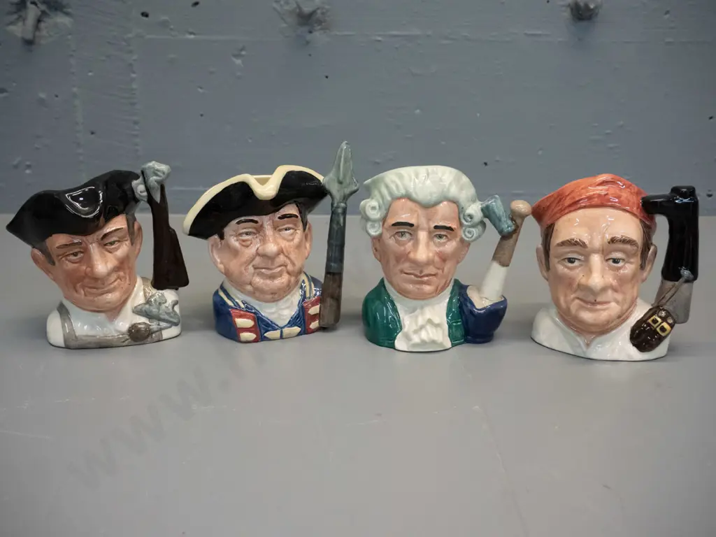 4 small Royal Doulton Williamsburg character jugs - Blacksmith, Apothecary, Guardsman & Gunsmith H-100 Image 1++