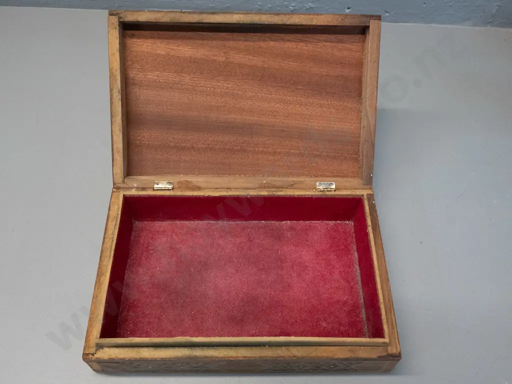 timber box with intricate inlay decoration - some wear and deterioration to varnish H-70 W-280 D-185 Image 1++