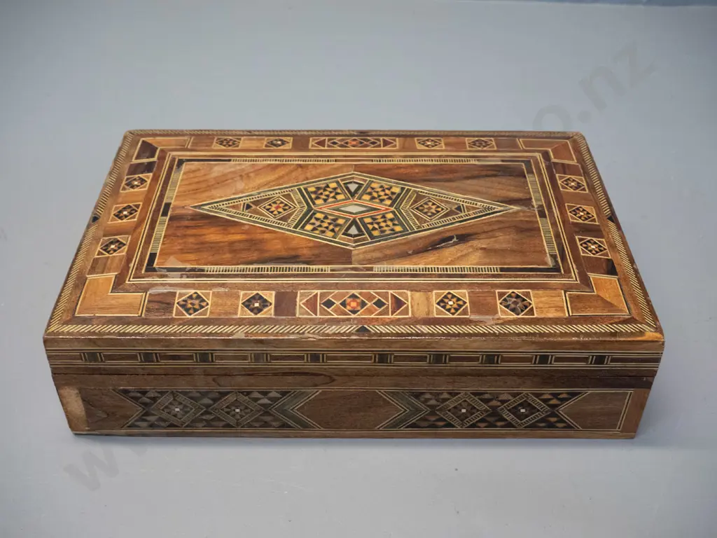 timber box with intricate inlay decoration - some wear and deterioration to varnish H-70 W-280 D-185 Image 1++