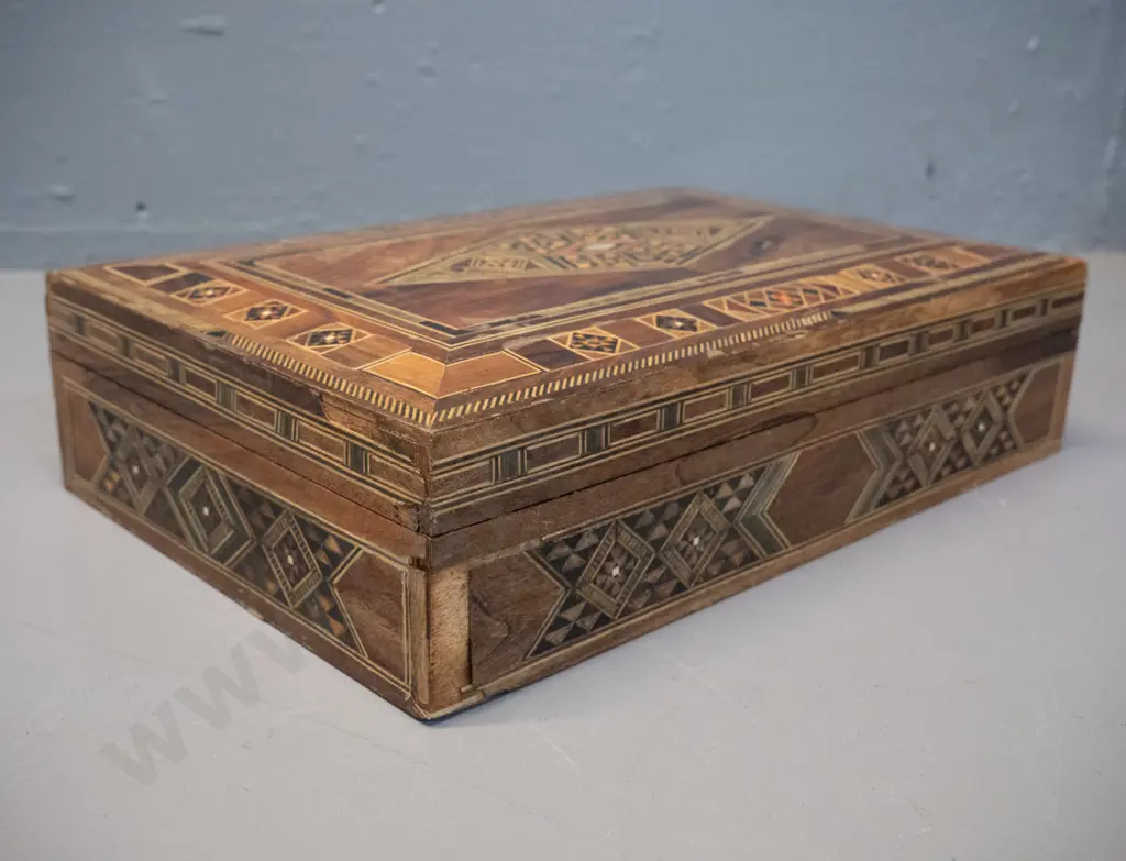 timber box with intricate inlay decoration - some wear and deterioration to varnish H-70 W-280 D-185 Image 1++