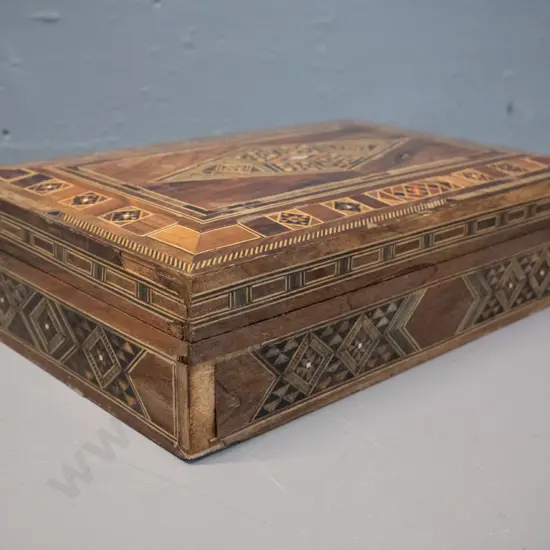 timber box with intricate inlay decoration - some wear and deterioration to varnish H-70 W-280 D-185