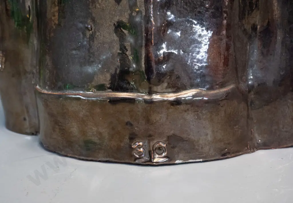 studio pottery bust of suited man with 3rd eye, in metallic copper lustre glaze - '36' impressed on back, maker's marks Image 1++