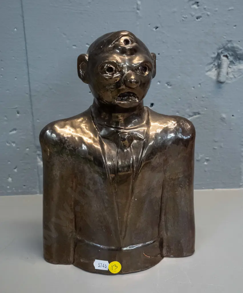 studio pottery bust of suited man with 3rd eye, in metallic copper lustre glaze - '36' impressed on back, maker's marks Image 1++