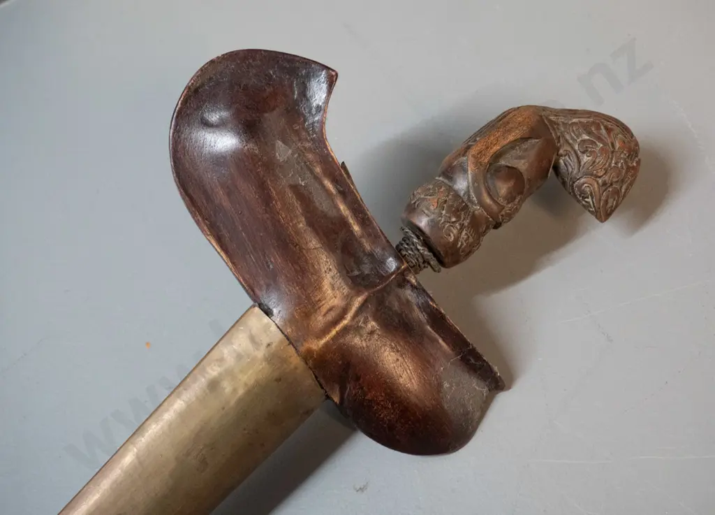 Indonesian ornamental knife / dagger with carved timber handle, timber and hammered or engraved Image 1++