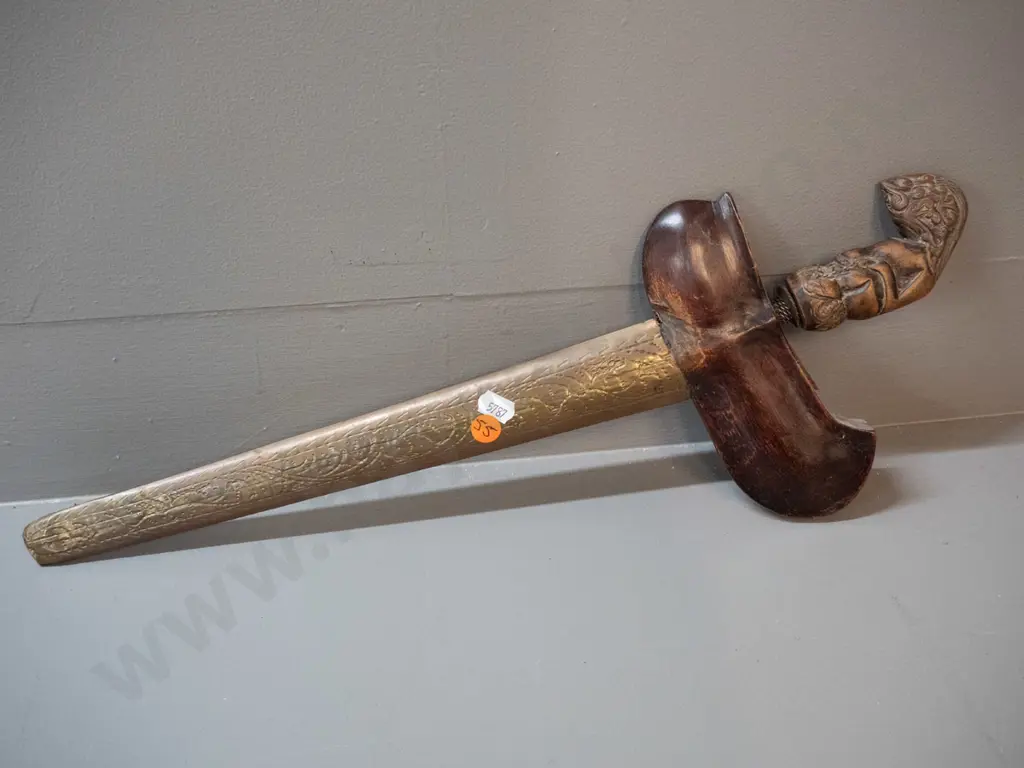 Indonesian ornamental knife / dagger with carved timber handle, timber and hammered or engraved Image 1++