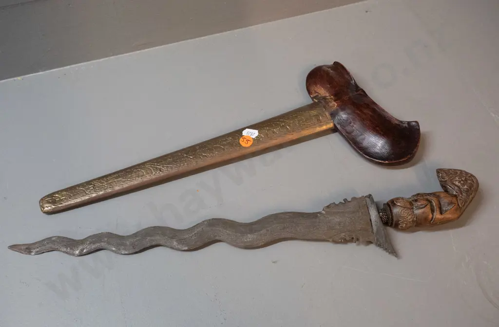 Indonesian ornamental knife / dagger with carved timber handle, timber and hammered or engraved Image 1++