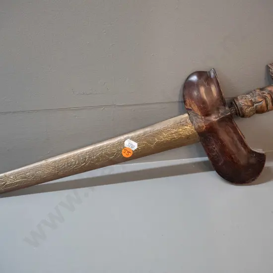 Indonesian ornamental knife / dagger with carved timber handle, timber and hammered or engraved