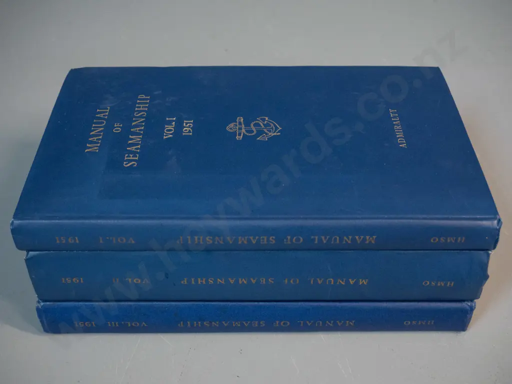 3 volumes Manual of Seamanship - 1951 edition, issued by the UK admiralty - some foxing and wear to addendum sheets, etc Image 1++