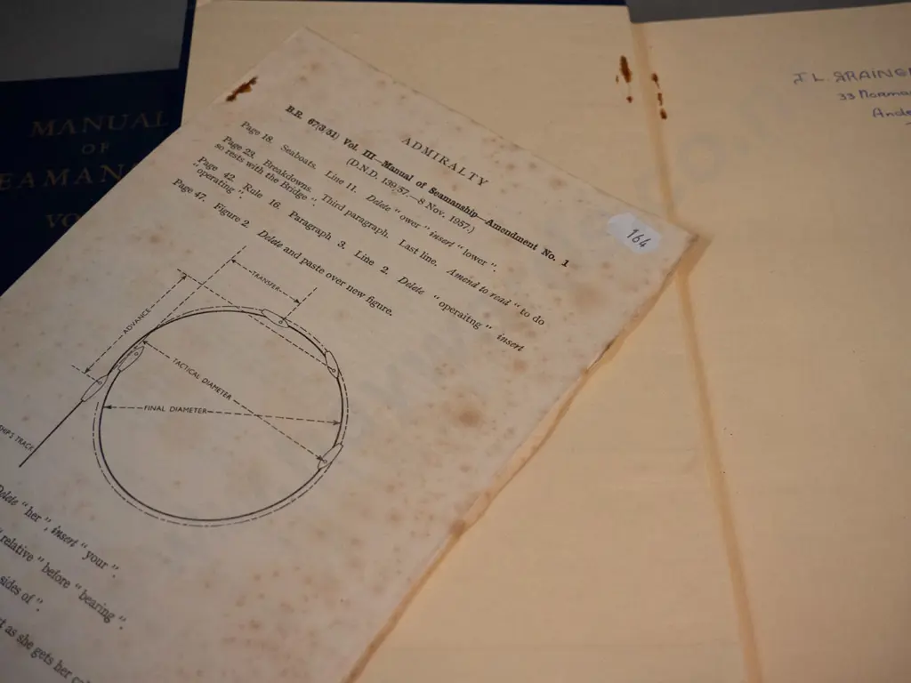 3 volumes Manual of Seamanship - 1951 edition, issued by the UK admiralty - some foxing and wear to addendum sheets, etc Image 1++