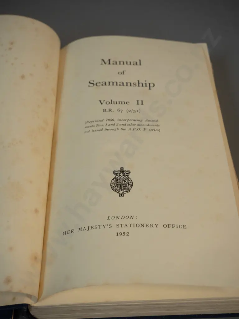 3 volumes Manual of Seamanship - 1951 edition, issued by the UK admiralty - some foxing and wear to addendum sheets, etc Image 1++