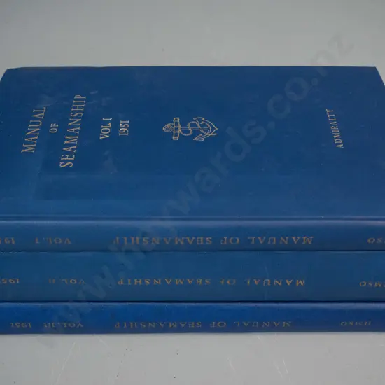 3 volumes Manual of Seamanship - 1951 edition, issued by the UK admiralty - some foxing and wear to addendum sheets, etc