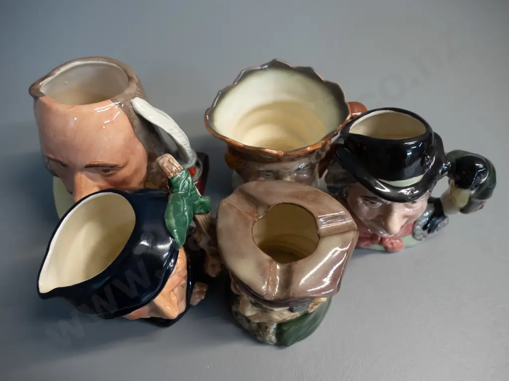 5 small Royal Doulton character jugs - Shakespeare H-110, Old King Cole, Old Charley ashtray jug, Scaramouche, Walrus & Image 1++