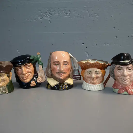 5 small Royal Doulton character jugs - Shakespeare H-110, Old King Cole, Old Charley ashtray jug, Scaramouche, Walrus &