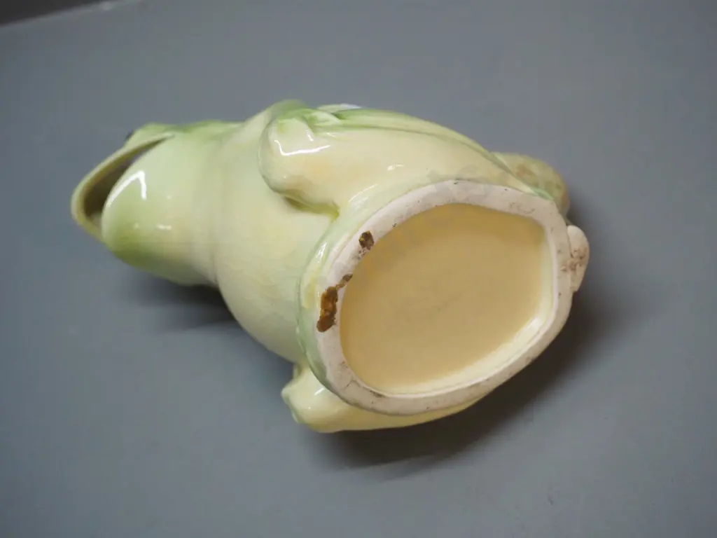 vintage frog creamer, no maker's marks, small chip near top, some crazing, spot of glaze wear to foot H-110 Image 1++