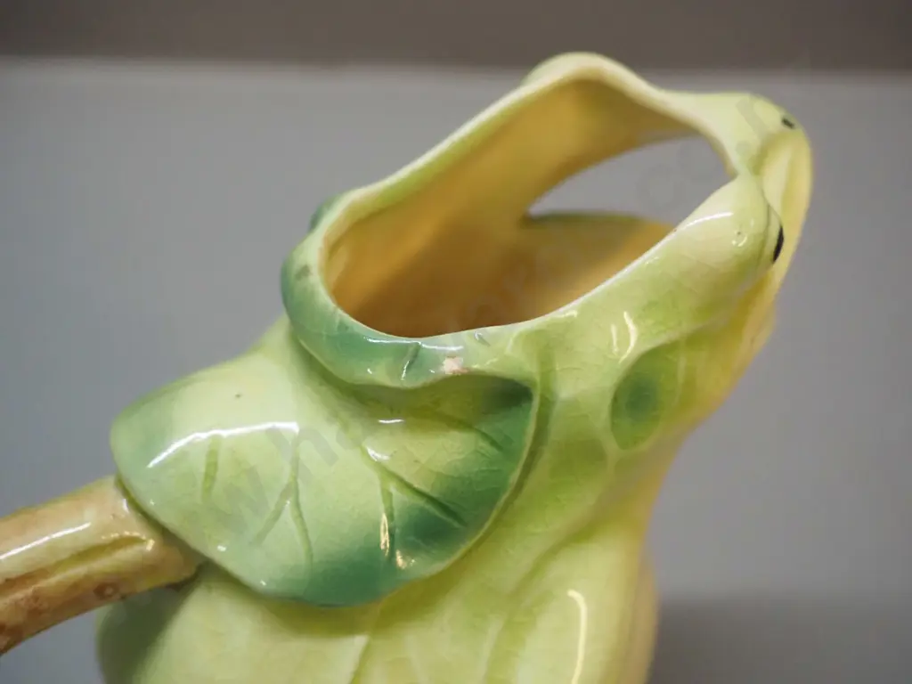 vintage frog creamer, no maker's marks, small chip near top, some crazing, spot of glaze wear to foot H-110 Image 1++