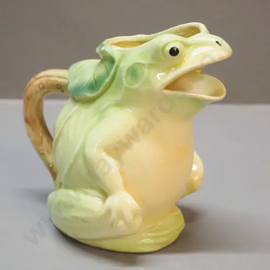 vintage frog creamer, no maker's marks, small chip near top, some crazing, spot of glaze wear to foot H-110