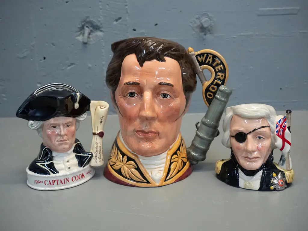 3 Royal Doulton character jugs - Duke of Wellington H-190, Nelson and Jim Beam Captain Cook Image 1++