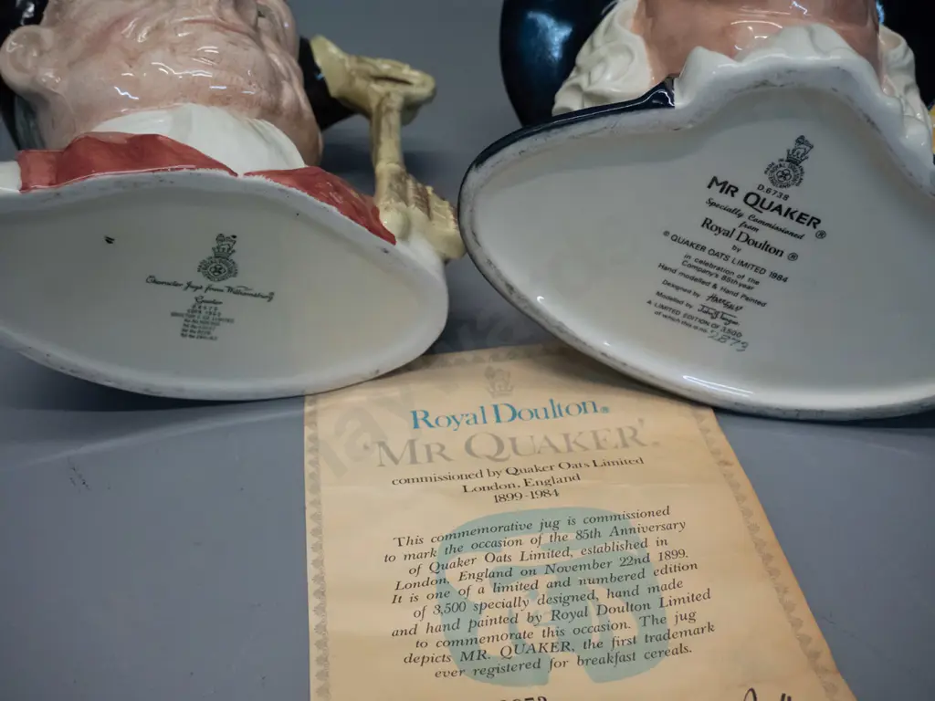 2 large Royal Doulton character jugs - Williamsburg Gaoler H-190 and limited edition Mr. Quaker with certificate Image 1++