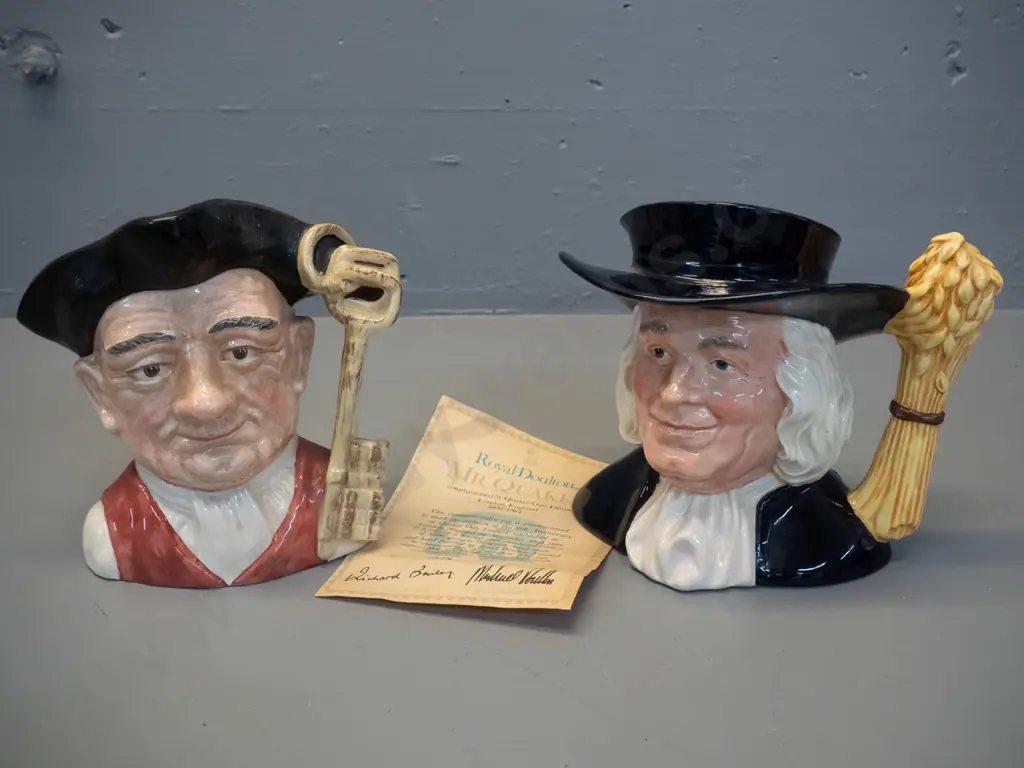 2 large Royal Doulton character jugs - Williamsburg Gaoler H-190 and limited edition Mr. Quaker with certificate Image 1++