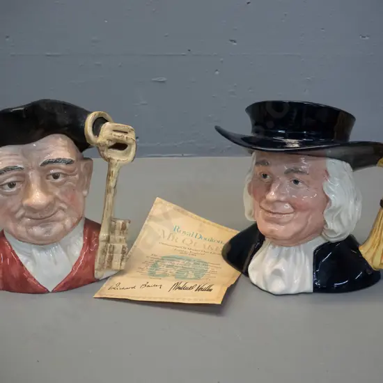 2 large Royal Doulton character jugs - Williamsburg Gaoler H-190 and limited edition Mr. Quaker with certificate