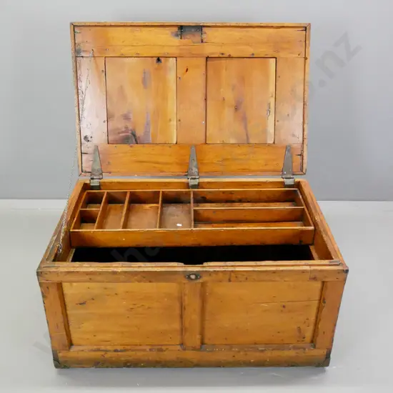 antique pine American carpenter's truck with panelled top and sides, 3 hinges to top, sliding fitted tray inside, metal