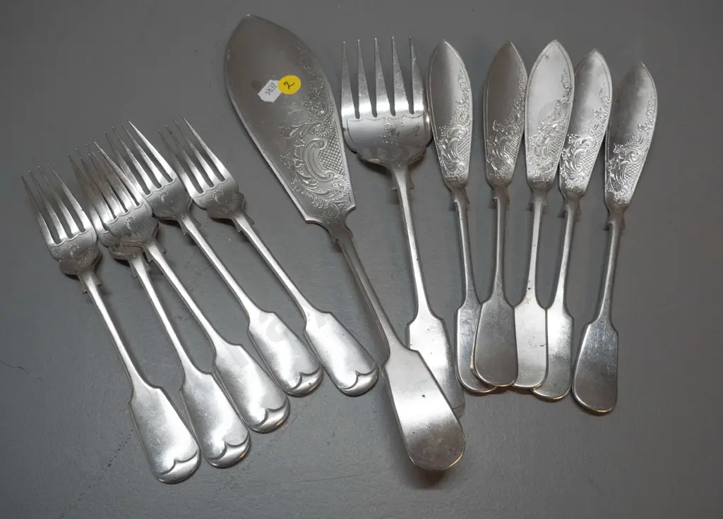 set of etched cutlery - continental silver? or plated? see photo - fish serving set and 5 fish knives and forks Image 1++