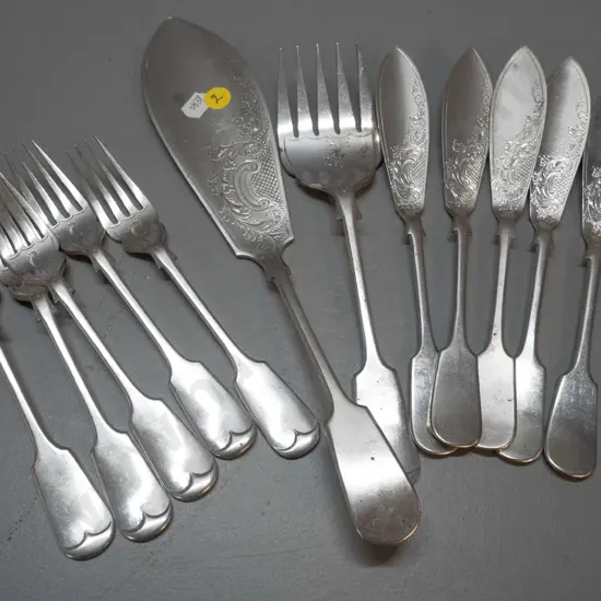 set of etched cutlery - continental silver? or plated? see photo - fish serving set and 5 fish knives and forks