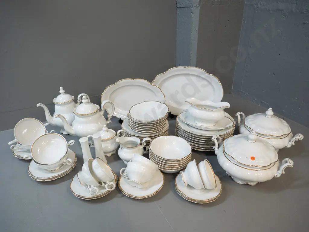 Hutschenreuther white & gold trimmed dinner set - 6 place, teapot, coffee pot, 2 lidded veg, 2 oval platters, missing 2 Image 1++
