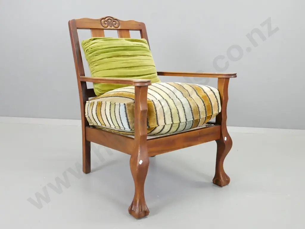mahogany open-armed occasional chair with loose upholstered seat, carved decoration, ball and claw feet, dark scorch Image 1++