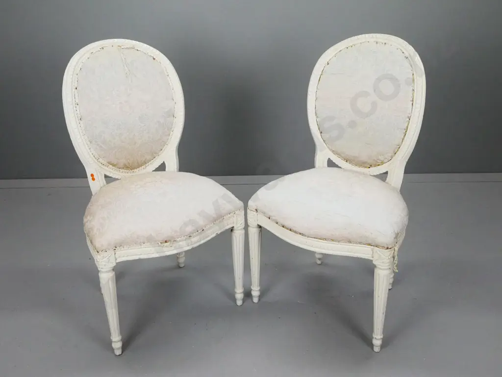 pair vintage French Louis XV style cream painted medallion back chair with coin decoration, shaped front, turned fluted Image 1++
