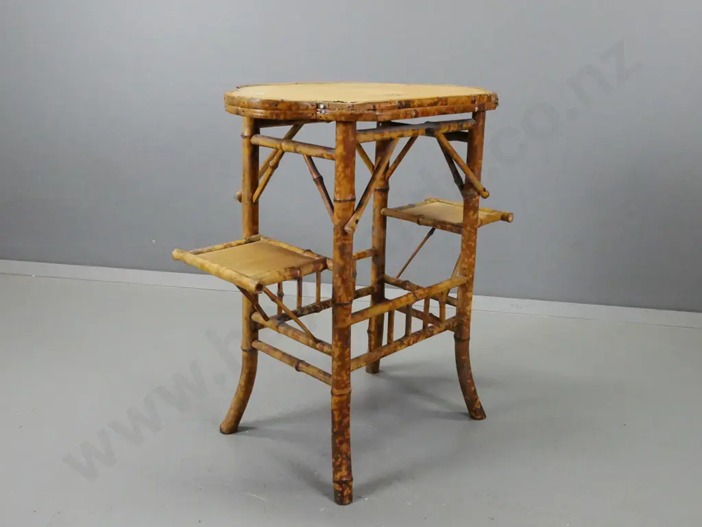 restorer's vintage mottled finish bamboo end table / stand with woven mat top & 2 drop side shelves - matting top top is Image 1++