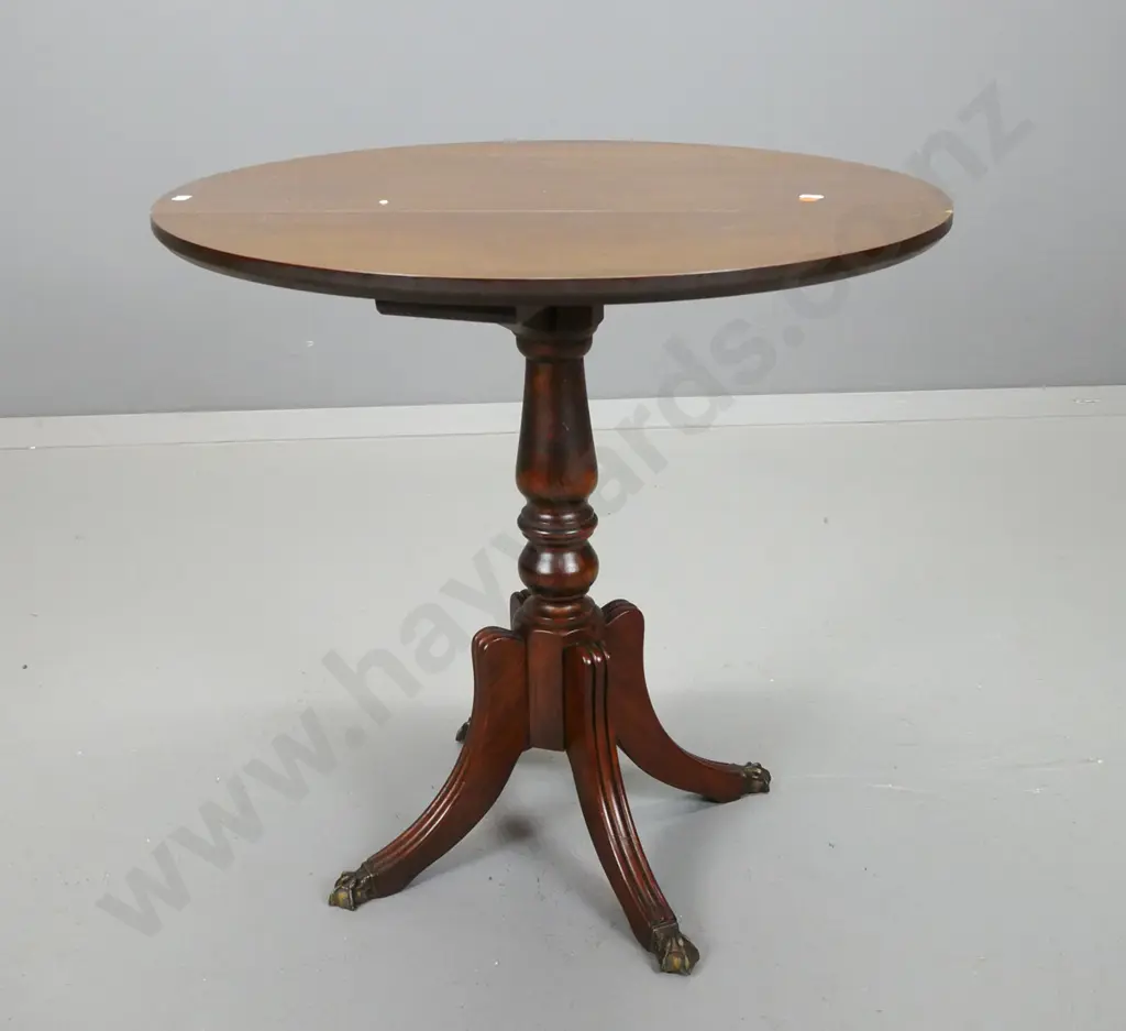 reproduction round drop side swivel top occasional table on column base, 4 sweeping legs & brass claw feet - some water Image 1++