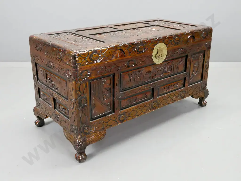 vintage Chinese profusely carved camphorwood chest with circular brass lock plate and escutcheon, cabriole feet. Brass Image 1++