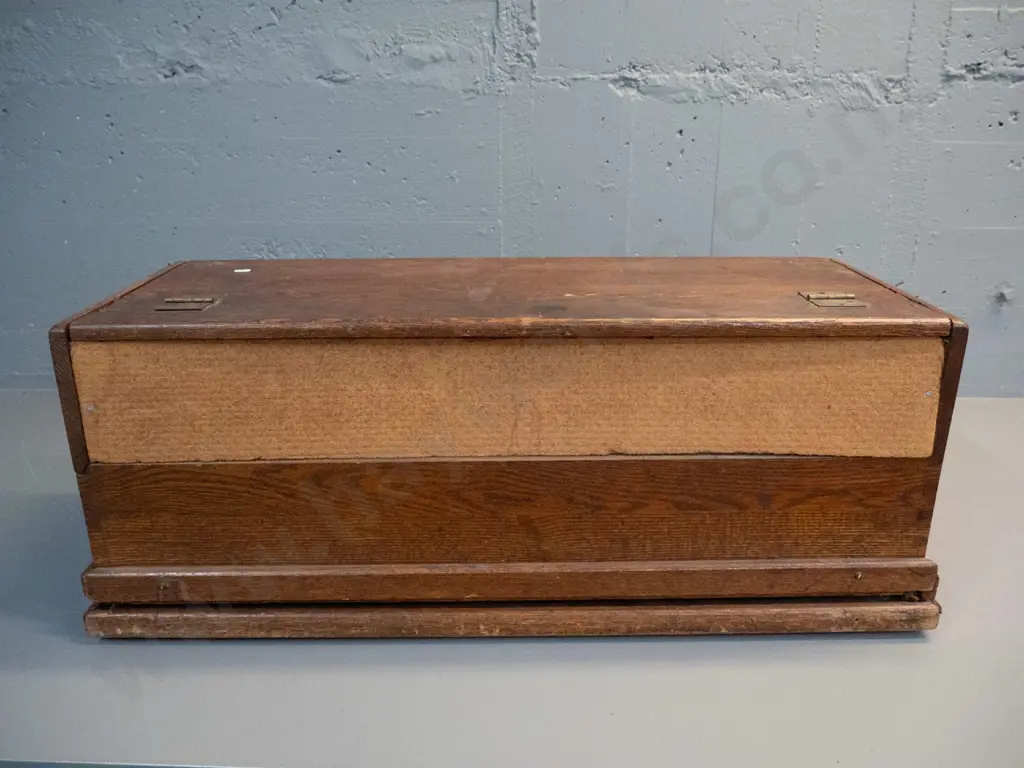vintage oak-cased portable organ - Estry Organ Company, Brattleboro VT & Begg & Co Dunedin retail label, leather handles Image 1++