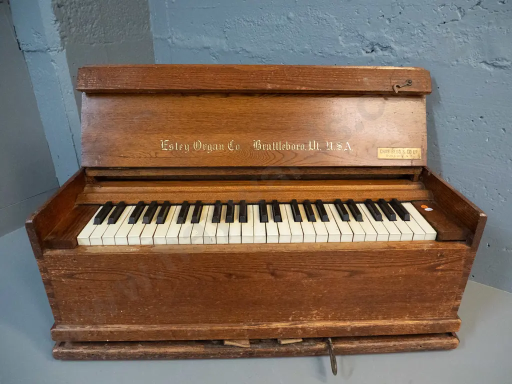 vintage oak-cased portable organ - Estry Organ Company, Brattleboro VT & Begg & Co Dunedin retail label, leather handles Image 1++